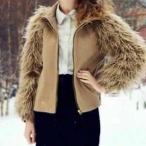 Zara Camel Wool Coat with Shag Fur Sleeves